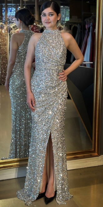 Gümüş Stefanel Yaka Yırtmaçlı Düz Kesim Payet Uzun Abiye Elbise 7781 - abiyeniall