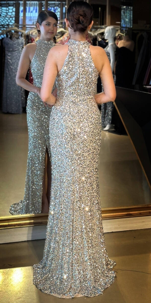 Gümüş Stefanel Yaka Yırtmaçlı Düz Kesim Payet Uzun Abiye Elbise 7781 - 5