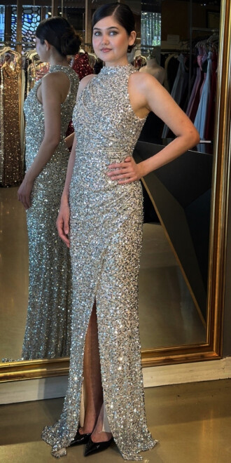 Gümüş Stefanel Yaka Yırtmaçlı Düz Kesim Payet Uzun Abiye Elbise 7781 - 2