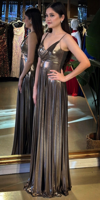 Gümüş V Yaka İp Askılı Kloş Etekli Parlak Kumaş Uzun Abiye Elbise 11143-02 - 2