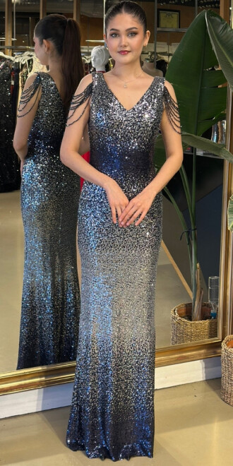 Gümüş V Yaka Kalın Askı Boncuk İşlemeli Düz Kesim Payet Uzun Abiye Elbise 11012-02 - abiyeniall