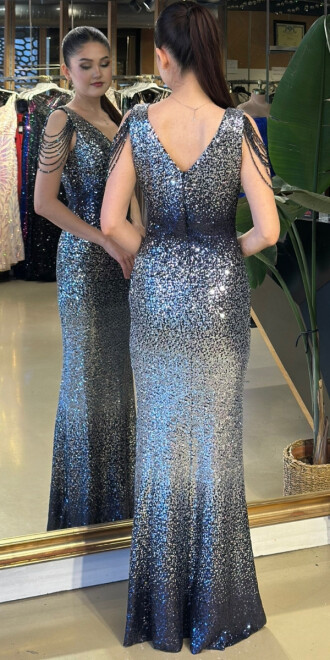 Gümüş V Yaka Kalın Askı Boncuk İşlemeli Düz Kesim Payet Uzun Abiye Elbise 11012-02 - 5