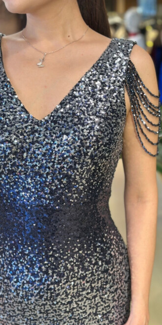 Gümüş V Yaka Kalın Askı Boncuk İşlemeli Düz Kesim Payet Uzun Abiye Elbise 11012-02 - 4