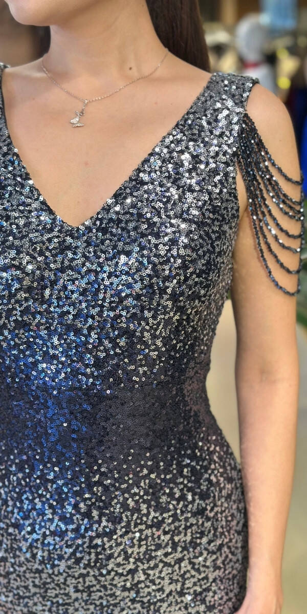 Gümüş V Yaka Kalın Askı Boncuk İşlemeli Düz Kesim Payet Uzun Abiye Elbise 11012-02 - 4