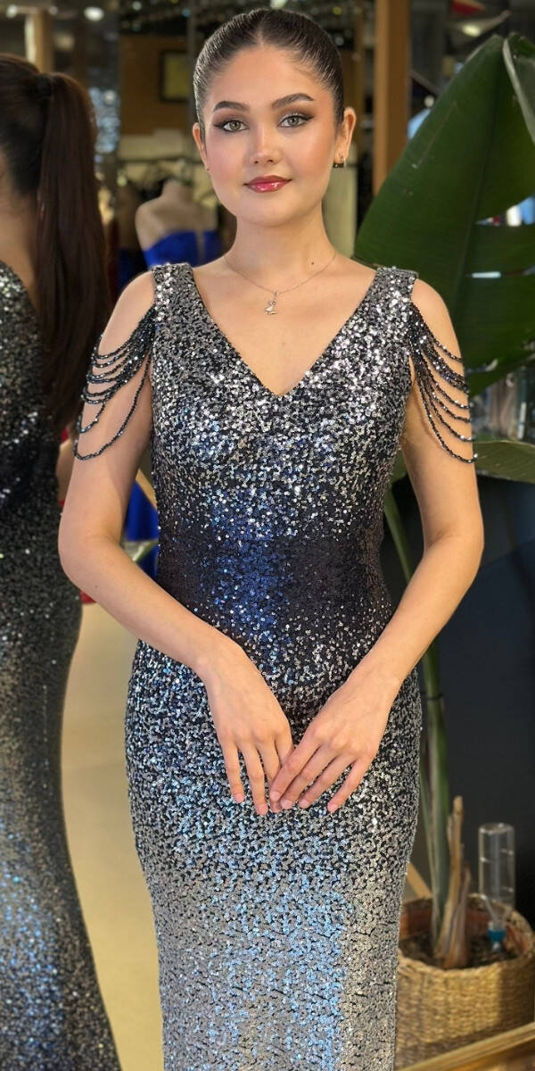 Gümüş V Yaka Kalın Askı Boncuk İşlemeli Düz Kesim Payet Uzun Abiye Elbise 11012-02 - 3