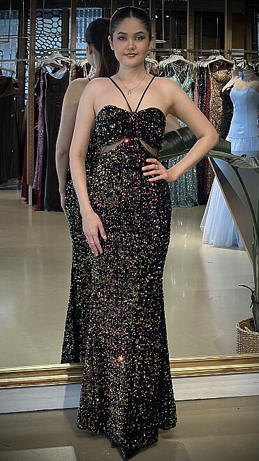 Hologram İp Askılı Bel Dekolteli Düz Kesim Likralı Payet Uzun Abiye Elbise 11018-01 - abiyeniall