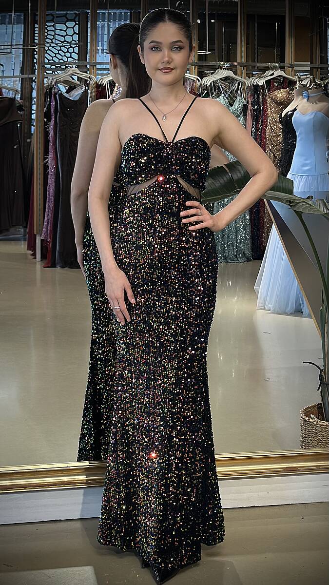 Hologram İp Askılı Bel Dekolteli Düz Kesim Likralı Payet Uzun Abiye Elbise 11018-01 - 1