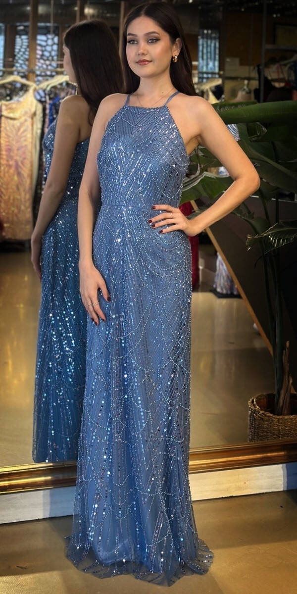 İndigo Halter Yaka İp Askılı Düz Kesim Pullu Boncuklu Uzun Abiye Elbise 11103-06 - 2