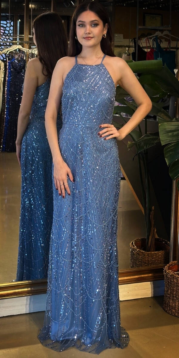 İndigo Halter Yaka İp Askılı Düz Kesim Pullu Boncuklu Uzun Abiye Elbise 11103-06 - 1