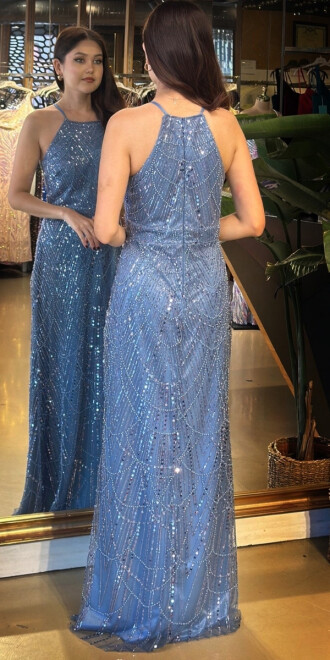 İndigo Halter Yaka İp Askılı Düz Kesim Pullu Boncuklu Uzun Abiye Elbise 11103-06 - 5