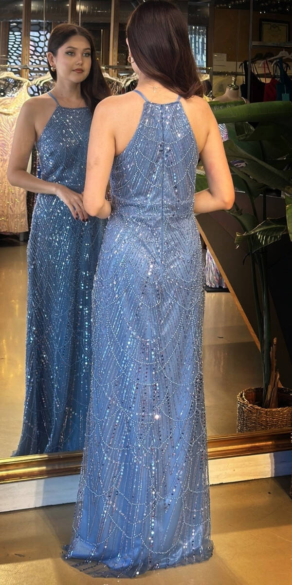 İndigo Halter Yaka İp Askılı Düz Kesim Pullu Boncuklu Uzun Abiye Elbise 11103-06 - 5