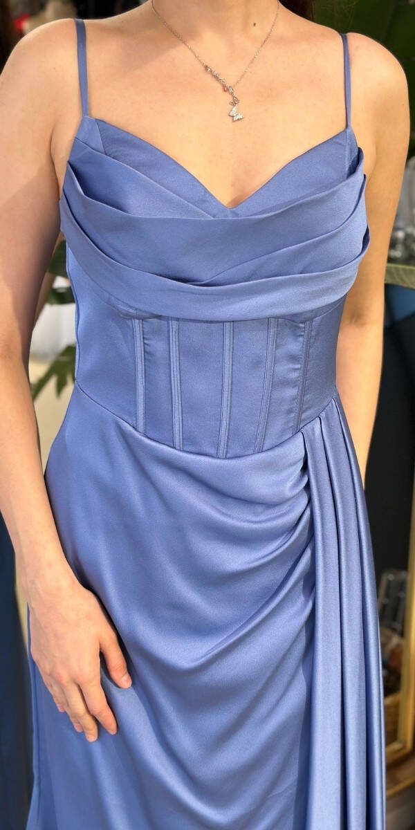 İndigo İnce Askılı Yırtmaçlı Düz Kesim Saten Uzun Abiye Elbise 7564 - 4