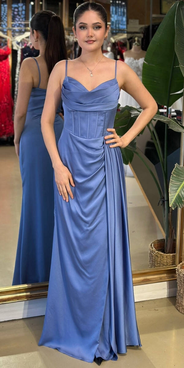 İndigo İnce Askılı Yırtmaçlı Düz Kesim Saten Uzun Abiye Elbise 7564 - 1