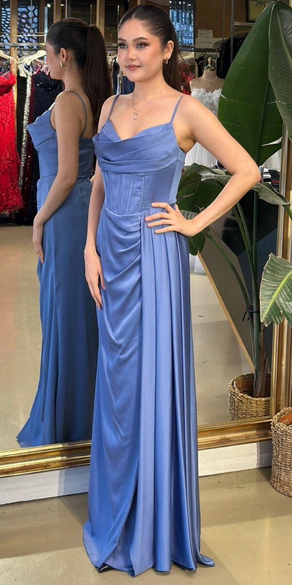 İndigo İnce Askılı Yırtmaçlı Düz Kesim Saten Uzun Abiye Elbise 7564 - 2