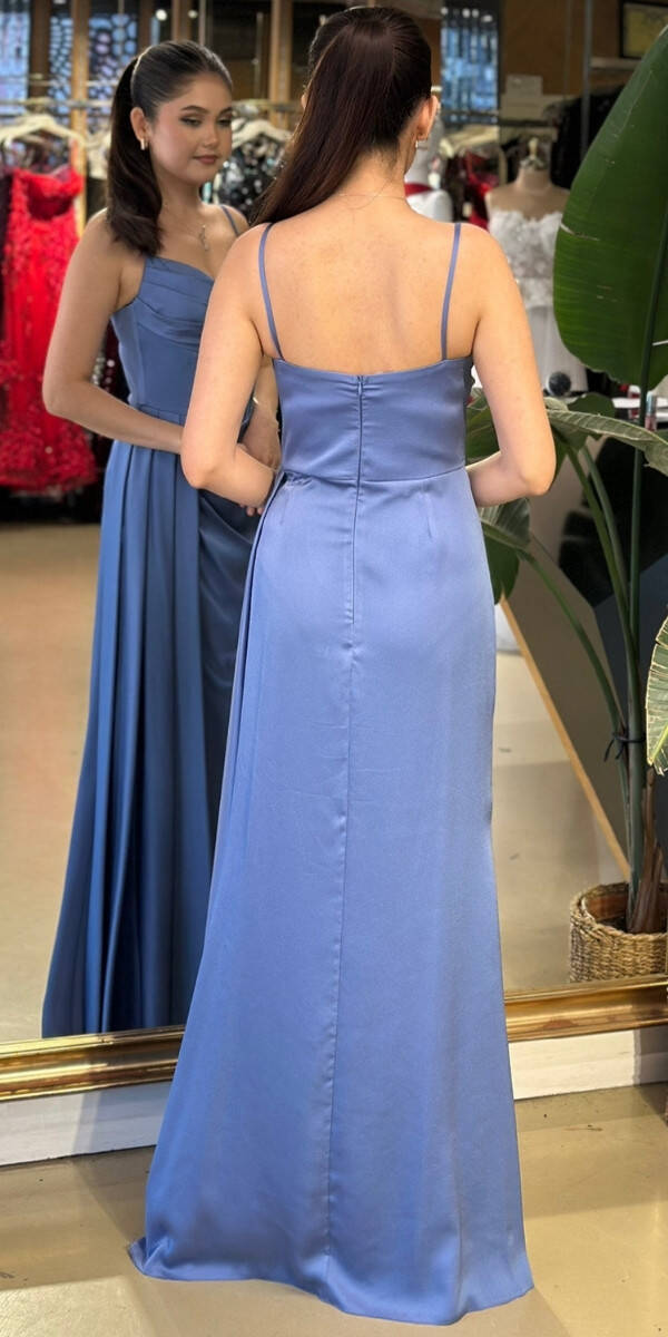 İndigo İnce Askılı Yırtmaçlı Düz Kesim Saten Uzun Abiye Elbise 7564 - 5