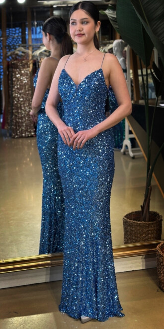 İndigo İp Askılı V Yaka Sırt Dekolteli Balık Etekli Pul Payet Uzun Abiye Elbise 7714 - 2