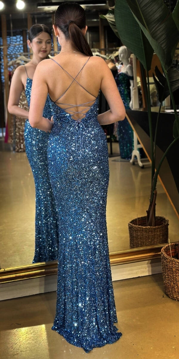 İndigo İp Askılı V Yaka Sırt Dekolteli Balık Etekli Pul Payet Uzun Abiye Elbise 7714 - 4