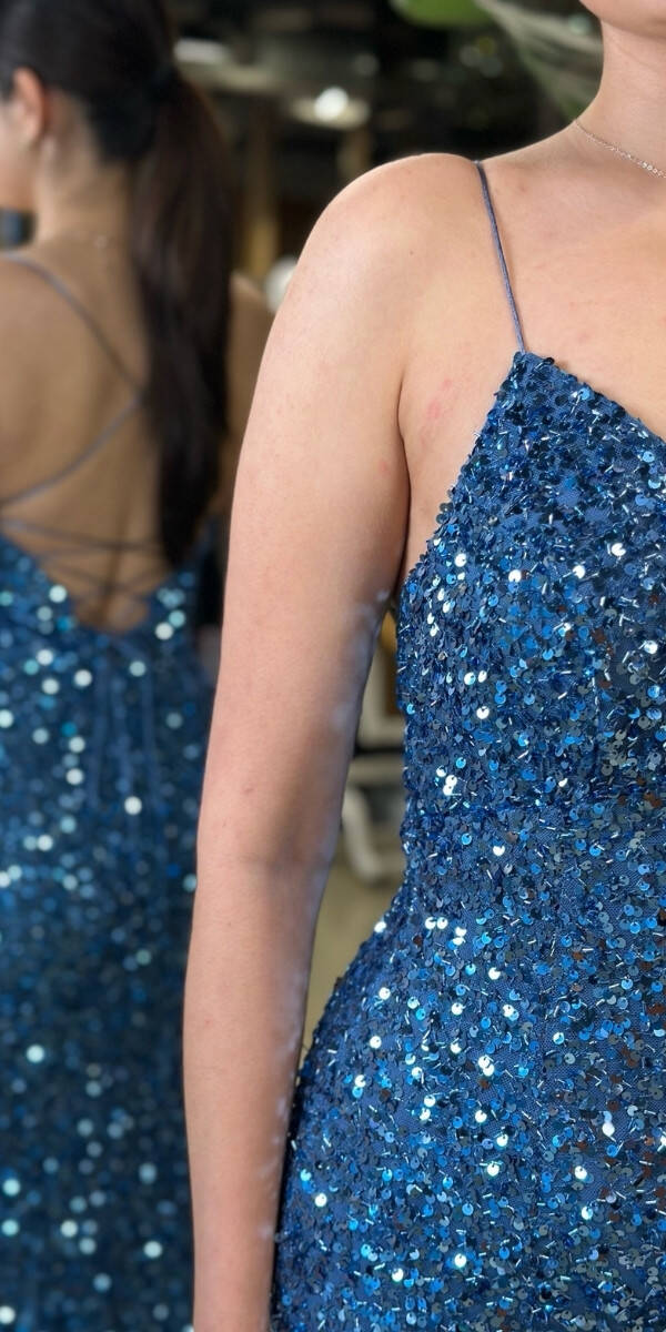 İndigo İp Askılı V Yaka Sırt Dekolteli Balık Etekli Pul Payet Uzun Abiye Elbise 7714 - 3