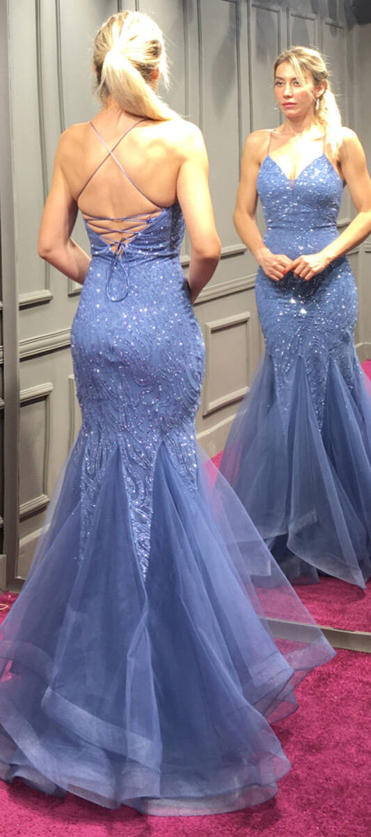 İndigo İp Askılı Sırt Dekolteli Balık Etekli Simli Uzun Abiye Elbise 7269 - 2