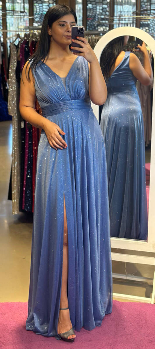 İndigo Kalın Askı Yırtmaçlı Kloş Etekli Simli Uzun Abiye Elbise 7205 - 1