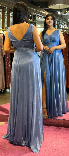 İndigo Kalın Askı Yırtmaçlı Kloş Etekli Simli Uzun Abiye Elbise 7205 - 2