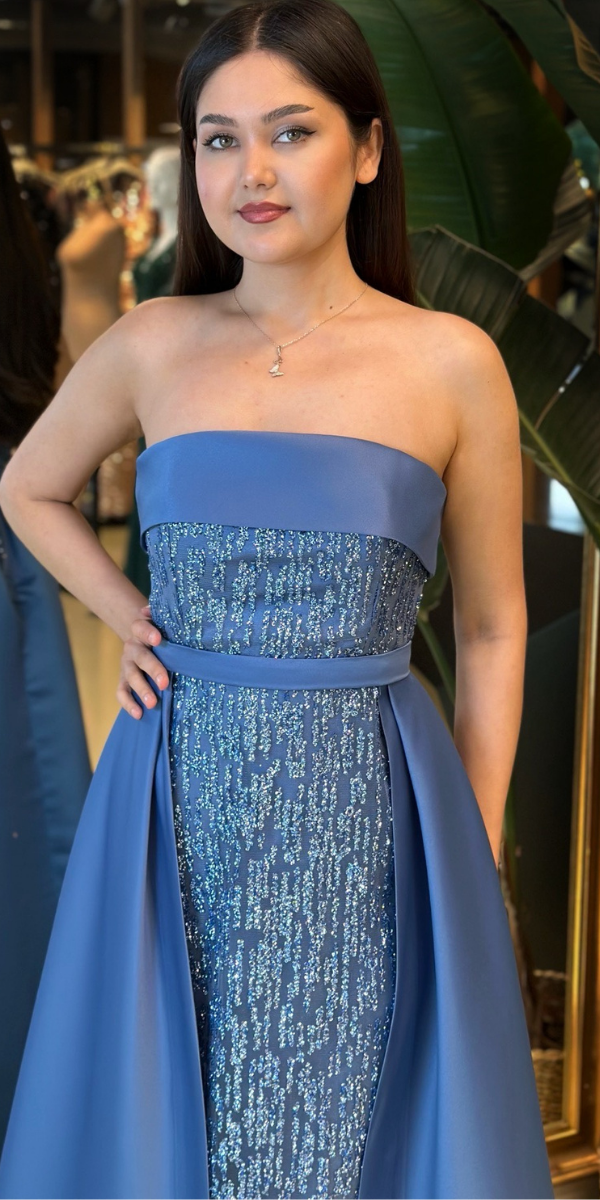 İndigo Straplez Yaka Çıkarılabilir Kuyruklu Düz Kesim Simli Uzun Abiye Elbise 7699 - 3