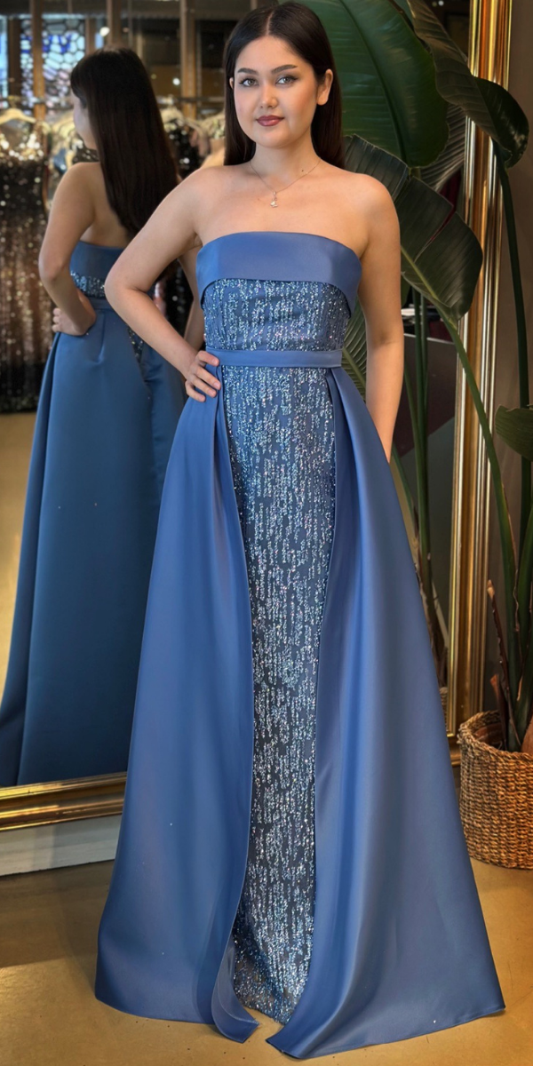 İndigo Straplez Yaka Çıkarılabilir Kuyruklu Düz Kesim Simli Uzun Abiye Elbise 7699 - 1