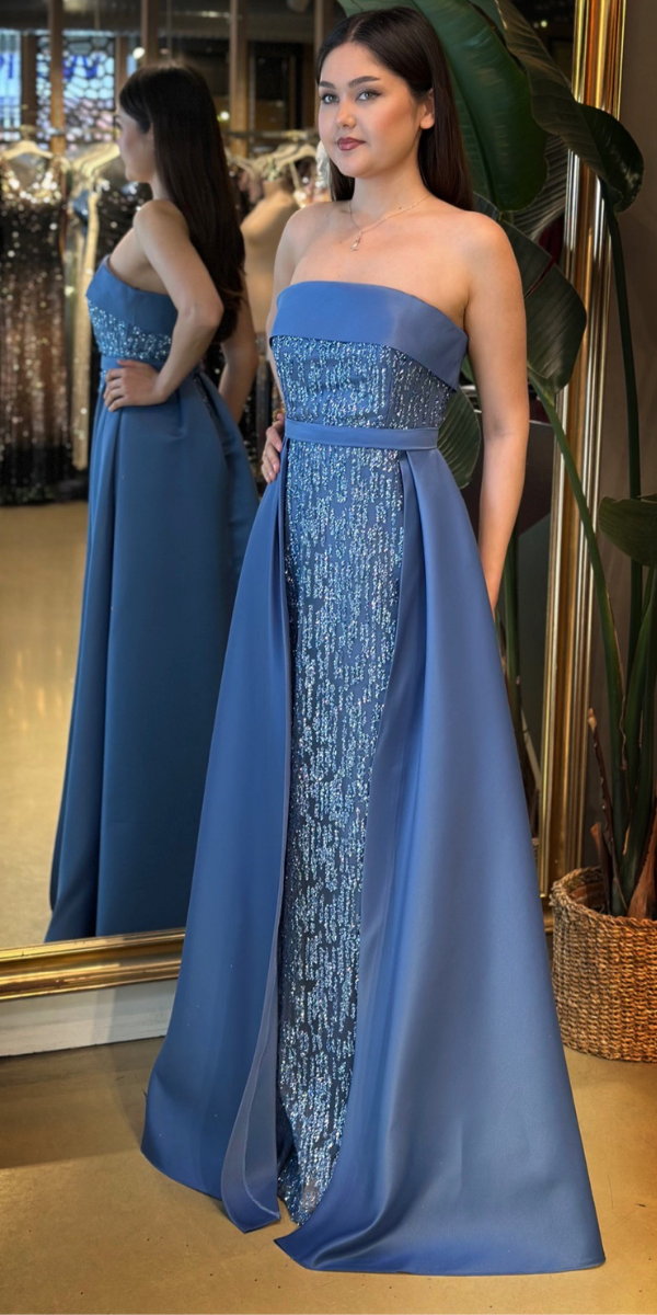 İndigo Straplez Yaka Çıkarılabilir Kuyruklu Düz Kesim Simli Uzun Abiye Elbise 7699 - 2