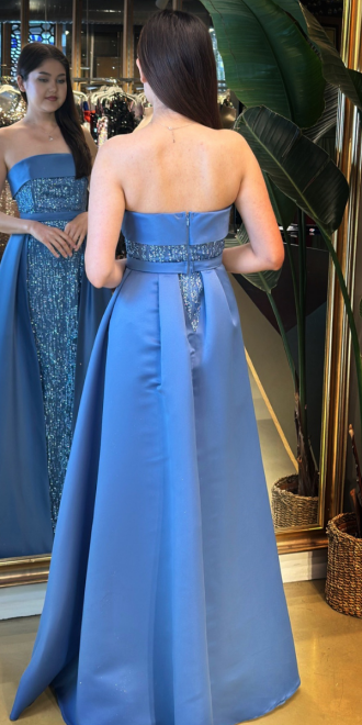 İndigo Straplez Yaka Çıkarılabilir Kuyruklu Düz Kesim Simli Uzun Abiye Elbise 7699 - 4