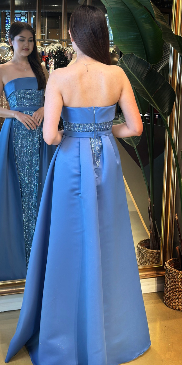 İndigo Straplez Yaka Çıkarılabilir Kuyruklu Düz Kesim Simli Uzun Abiye Elbise 7699 - 4