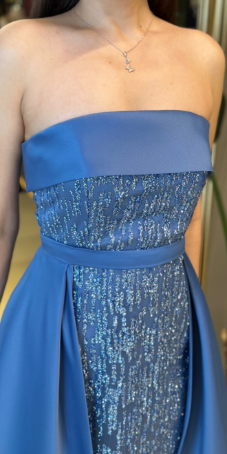 İndigo Straplez Yaka Çıkarılabilir Kuyruklu Düz Kesim Simli Uzun Abiye Elbise 7699 - 5