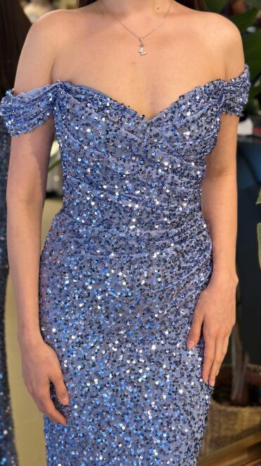 İndigo Madonna Yaka Düz Kesim Likralı Payet Uzun Abiye Elbise 11085-05 - 4