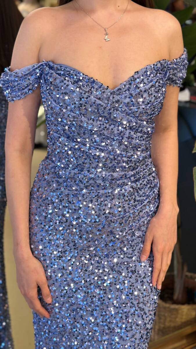 İndigo Madonna Yaka Düz Kesim Likralı Payet Uzun Abiye Elbise 11085-05 - 4