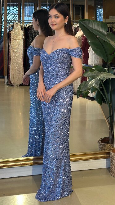 İndigo Madonna Yaka Düz Kesim Likralı Payet Uzun Abiye Elbise 11085-05 - 2