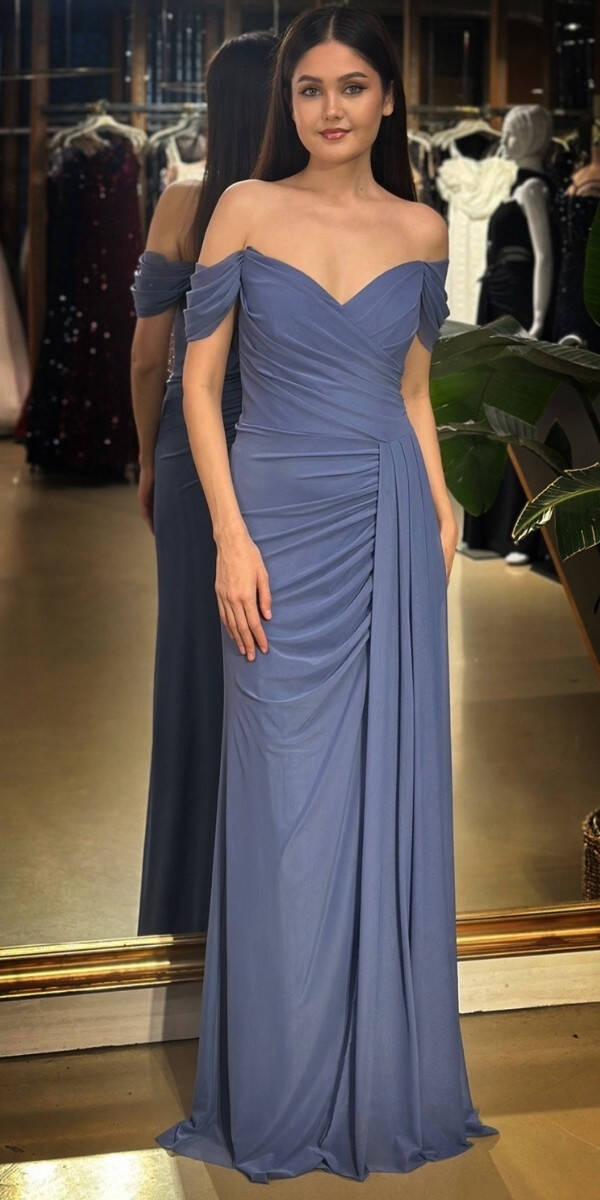 İndigo Madonna Yaka Düz Kesim Likralı Tül Uzun Abiye Elbise 11079-05 - 1