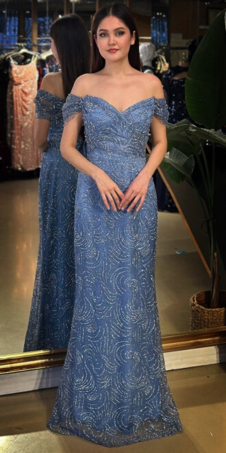 İndigo Madonna Yaka Sırt Dekolteli Düz Kesim Simli Uzun Abiye Elbise 11113-05 - abiyeniall