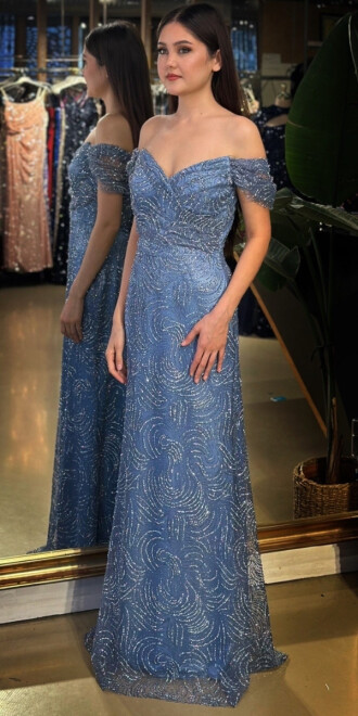 İndigo Madonna Yaka Sırt Dekolteli Düz Kesim Simli Uzun Abiye Elbise 11113-05 - 2