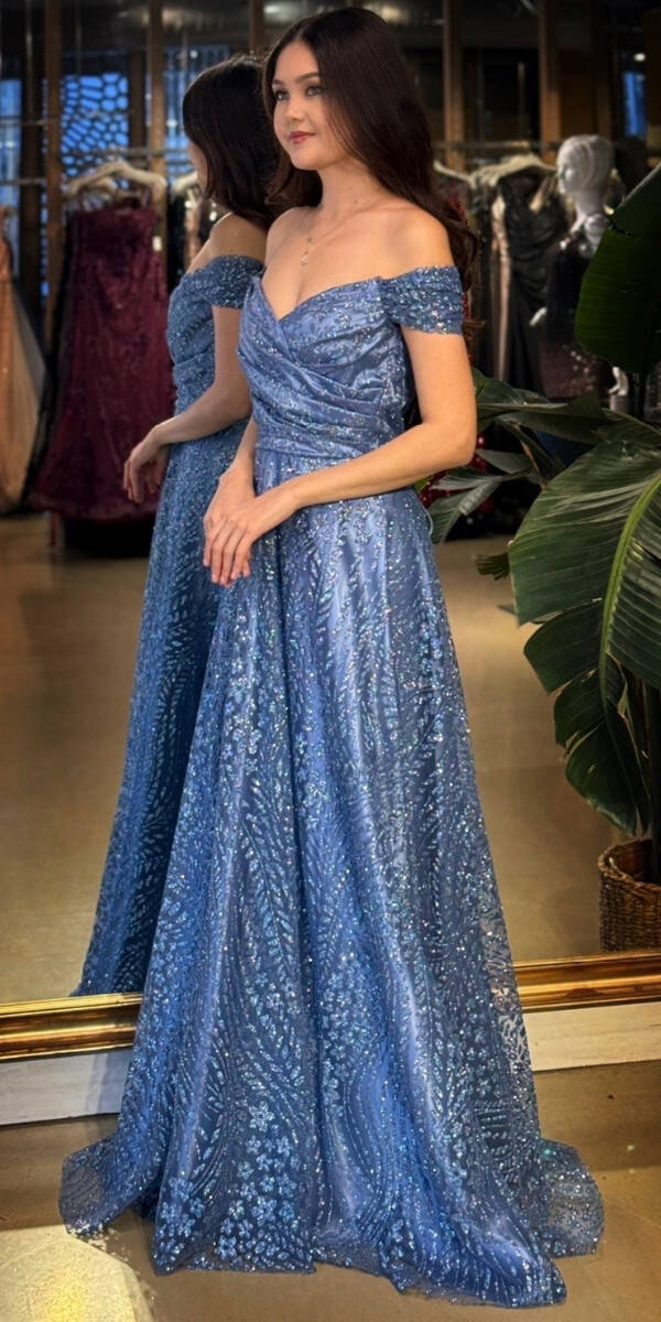 İndigo Madonna Yaka Sırt Dekolteli Kloş Etekli Simli Uzun Abiye Elbise 11066-03 - 2