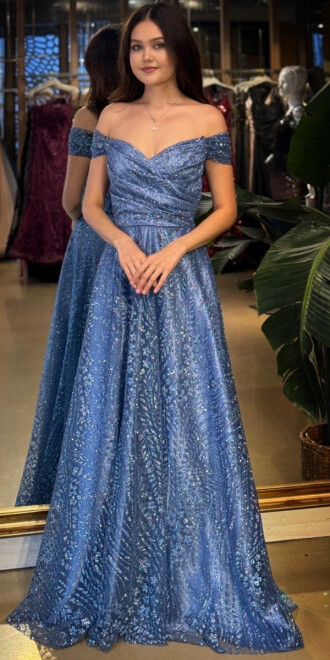 İndigo Madonna Yaka Sırt Dekolteli Kloş Etekli Simli Uzun Abiye Elbise 11066-03 - abiyeniall