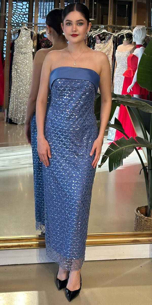 İndigo Midi Abiye Elbise 7759 - 1