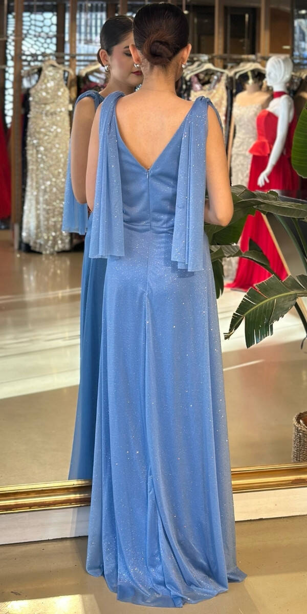 İndigo Simli Uzun Abiye Elbise 7557 - 2