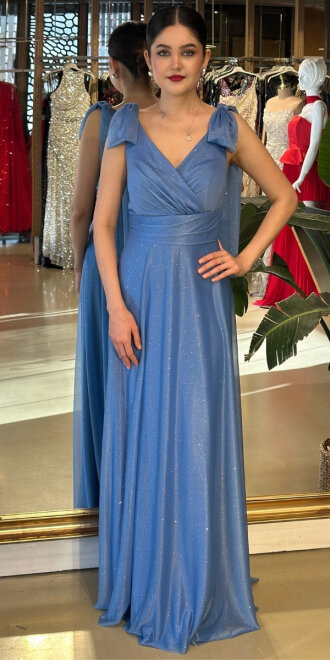 İndigo Simli Uzun Abiye Elbise 7557 