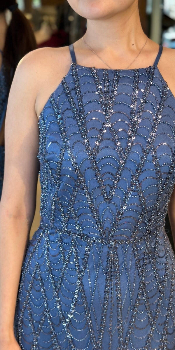 İndigo Stefanel Yaka Sırt Dekolteli Düz Kesim Pullu Boncuklu Uzun Abiye Elbise 7712 - 4