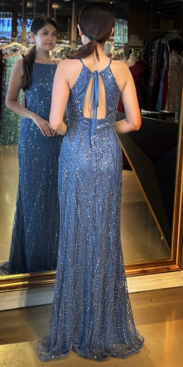 İndigo Stefanel Yaka Sırt Dekolteli Düz Kesim Pullu Boncuklu Uzun Abiye Elbise 7712 - 5