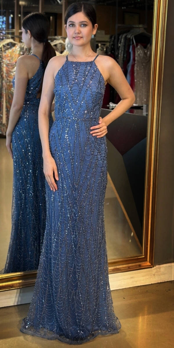 İndigo Stefanel Yaka Sırt Dekolteli Düz Kesim Pullu Boncuklu Uzun Abiye Elbise 7712 - 1