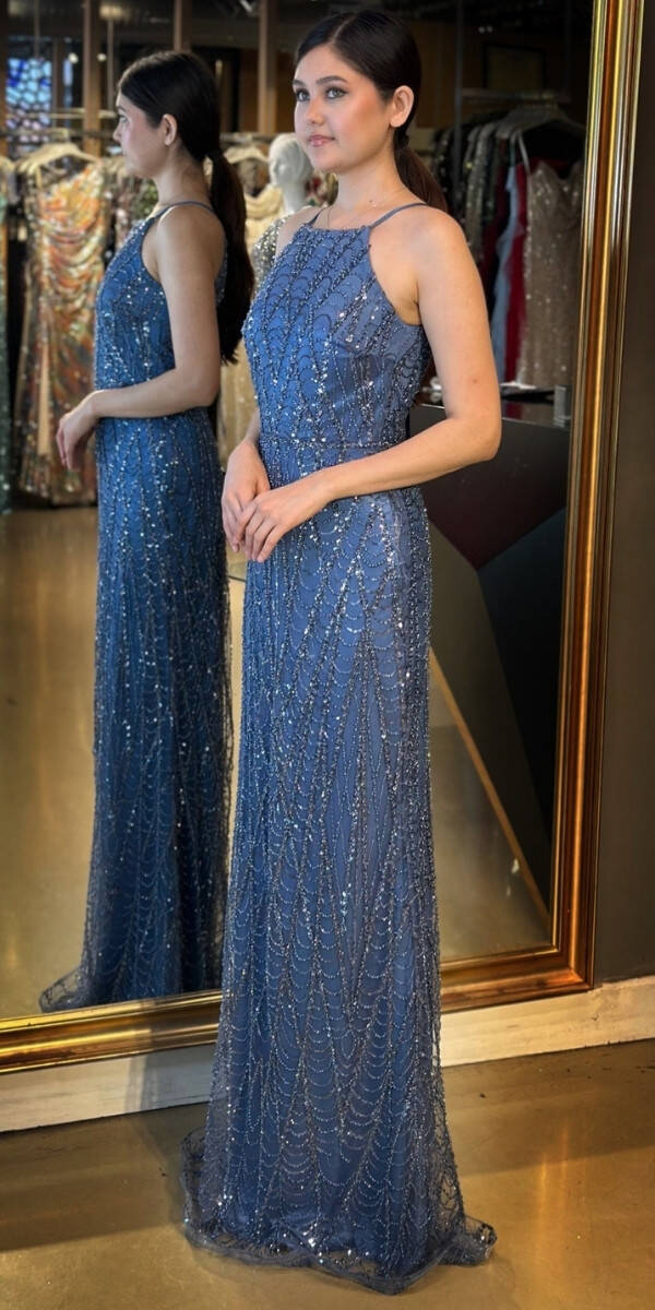 İndigo Stefanel Yaka Sırt Dekolteli Düz Kesim Pullu Boncuklu Uzun Abiye Elbise 7712 - 2