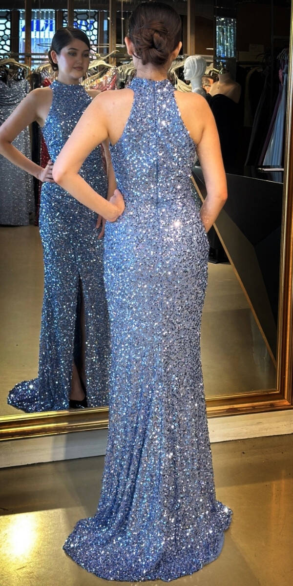 İndigo Stefanel Yaka Yırtmaçlı Düz Kesim Payet Uzun Abiye Elbise 7781 - 5