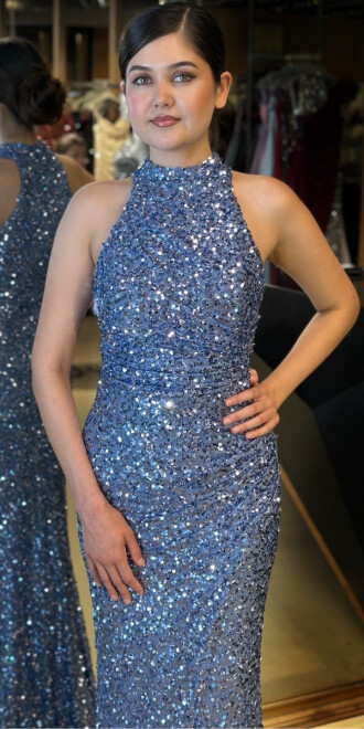 İndigo Stefanel Yaka Yırtmaçlı Düz Kesim Payet Uzun Abiye Elbise 7781 - 3