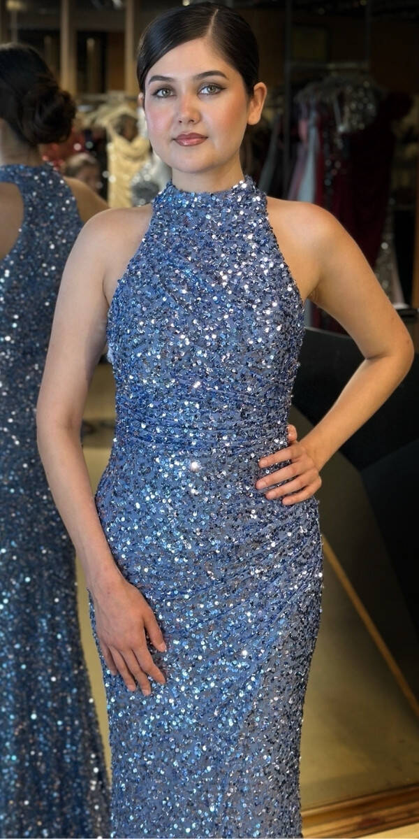 İndigo Stefanel Yaka Yırtmaçlı Düz Kesim Payet Uzun Abiye Elbise 7781 - 3