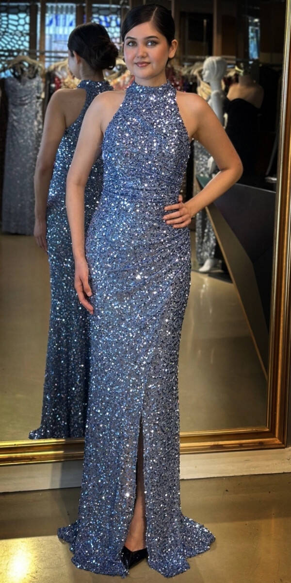 İndigo Stefanel Yaka Yırtmaçlı Düz Kesim Payet Uzun Abiye Elbise 7781 - 1